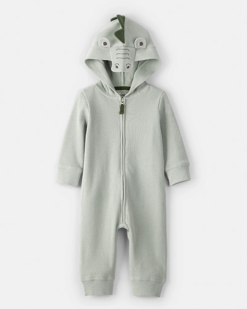 Baby Boy Alligator Thermal Long-Sleeve Hooded Jumpsuit - Green