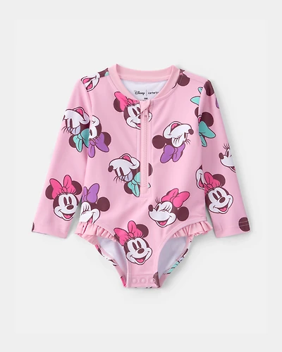 Baby Girl Disney© Minnie Mouse Gingham Long-Sleeve 1-Piece Swimsuit - Pink