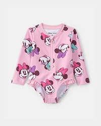 Baby Girl Disney© Minnie Mouse Gingham Long-Sleeve 1-Piece Swimsuit - Pink