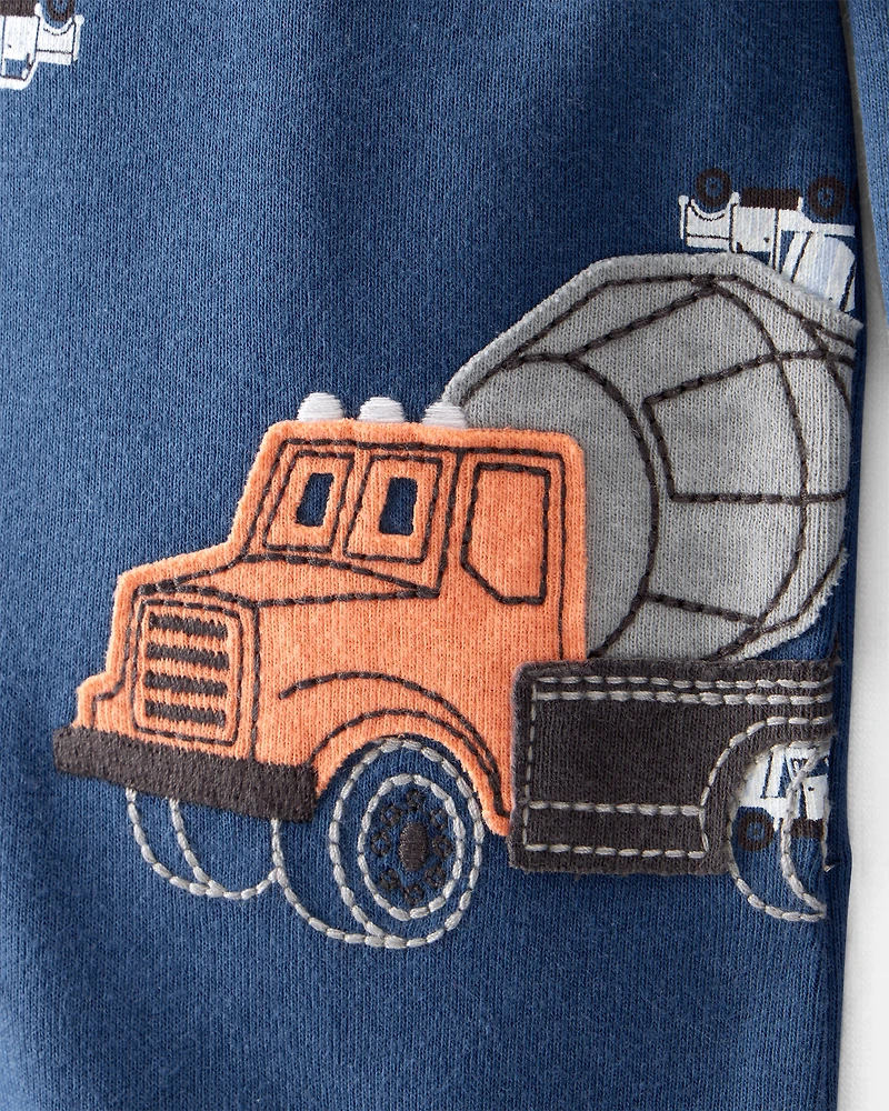 Baby Boy Construction Print 100% Cotton Long-Sleeve 2-Way Zip 1-Piece Pyjamas - Blue