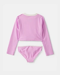 Girls 2-Piece Solid Long-Sleeve Rashguard Swimsuit Set - Pink