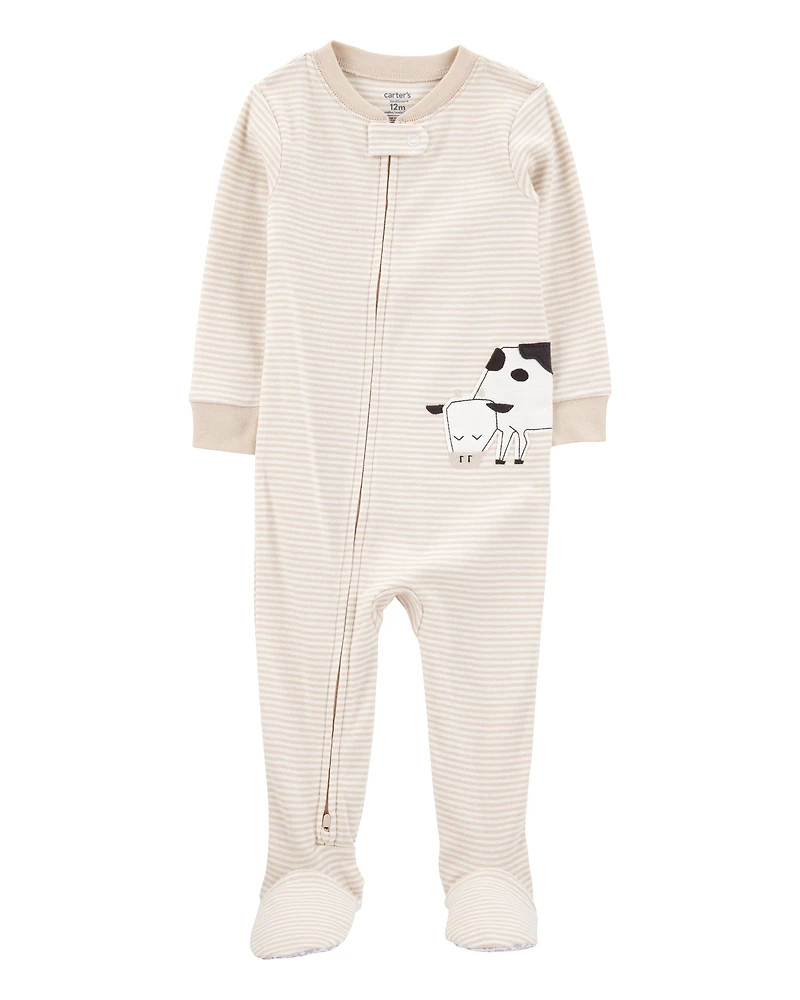 Baby Boy Cow Striped Snug Fit Cotton Footie 1-Piece Pyjamas - Tan