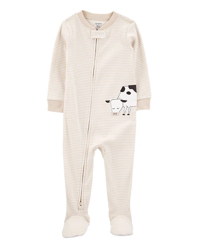 Baby Boy Cow Striped Snug Fit Cotton Footie 1-Piece Pyjamas - Tan
