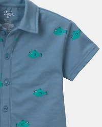 Toddler Boy Button-Down Short-Sleeve Shirt Fish Print - Slate