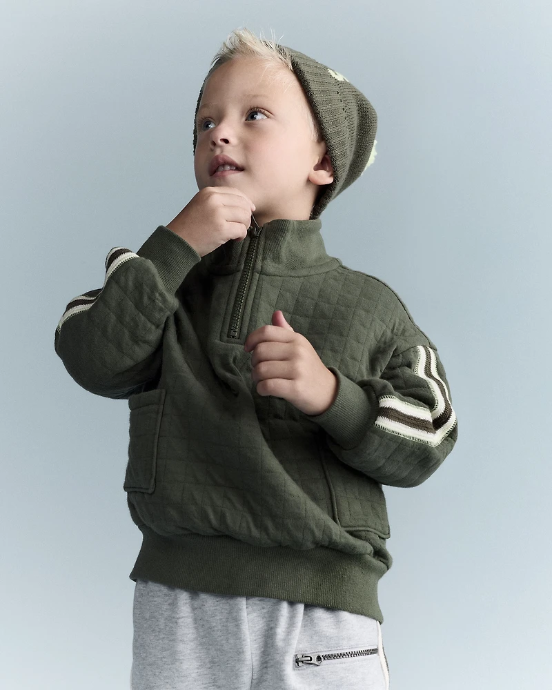 Toddler Boy Quarter-Zip Sweatshirt with Pockets - Olive