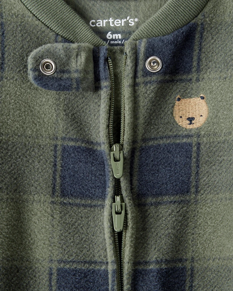 Baby Boy Bear Plaid Print Loose Fit Long-Sleeve Sleeper - Green