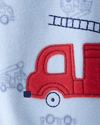 Toddler Boy Firetruck Print Loose Fit Long-Sleeve 2-Way Zip 1-Piece Pyjamas - Blue