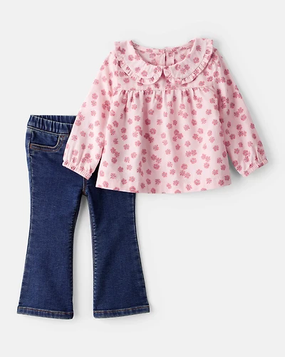 Baby Girl 2-Piece Floral Top and Denim Pants Set