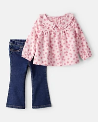 Baby Girl 2-Piece Floral Top and Denim Pants Set