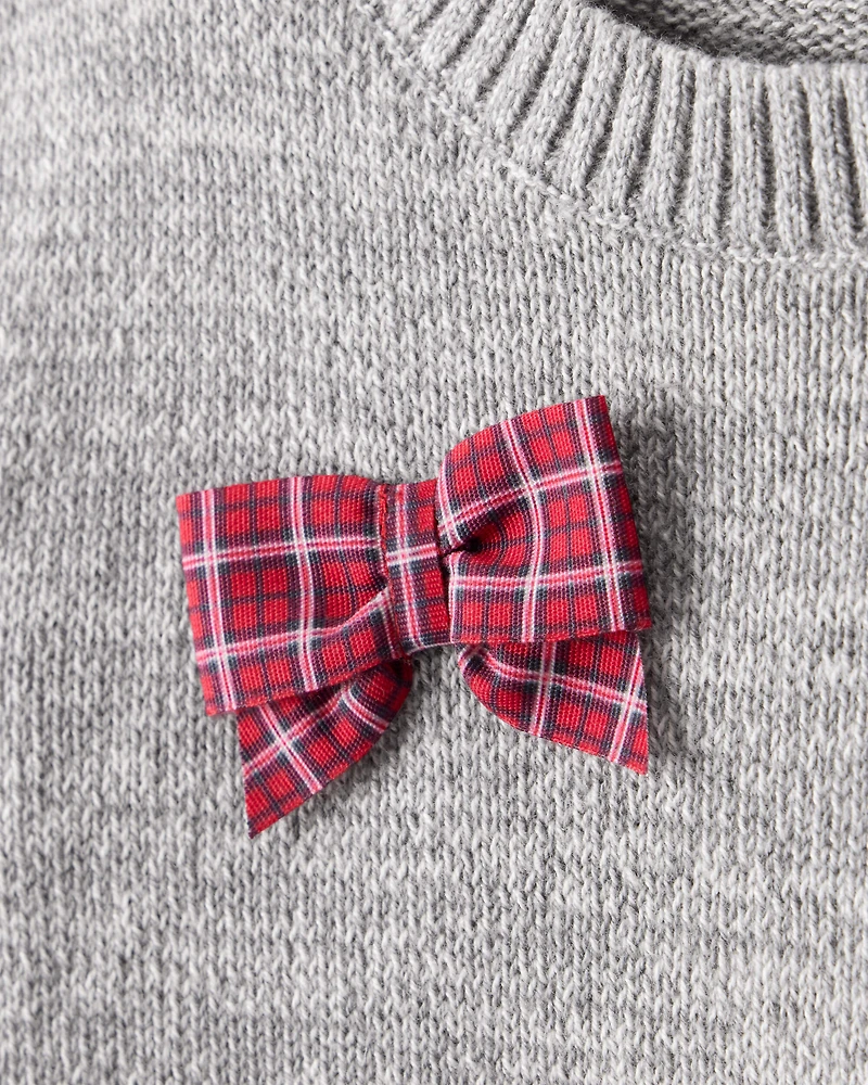 Baby Girl Bow Cotton Long-Sleeve Sweater - Grey