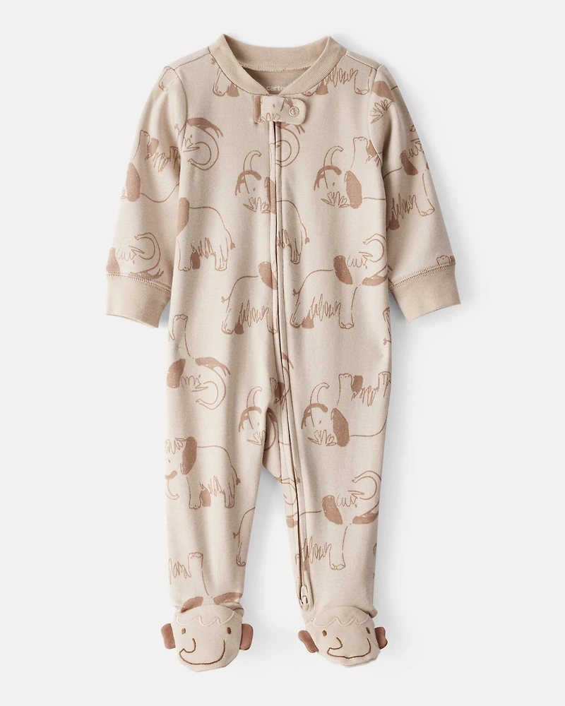 Baby Boy Mammoth Print 100% Cotton Long-Sleeve Snug Fit Sleeper - Beige