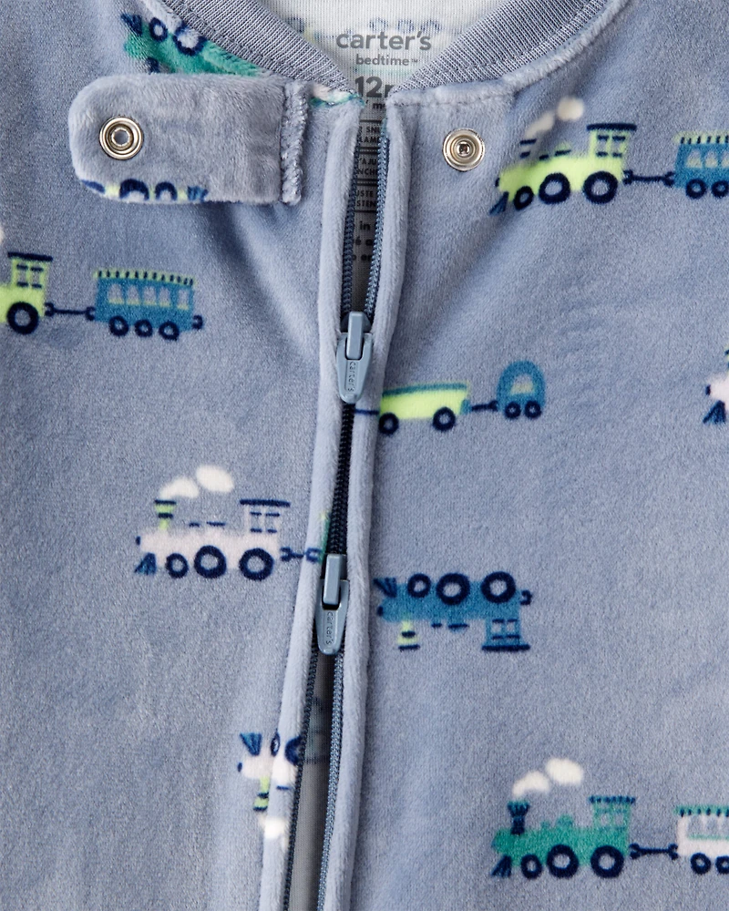Baby Boy Train DreamPlush Long-Sleeve Snug Fit 1-Piece Pajamas - Blue/Grey
