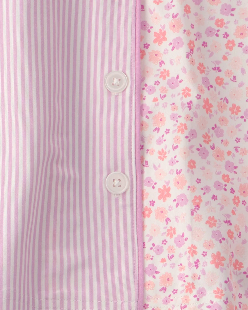 Girls Floral Stripe Short-Sleeve Loose Fit 2-Piece pyjama Set - Pink