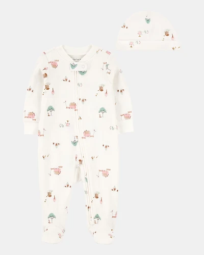 Baby 2-Piece Barn Print 2-Way Zip Sleeper & Headwrap Set