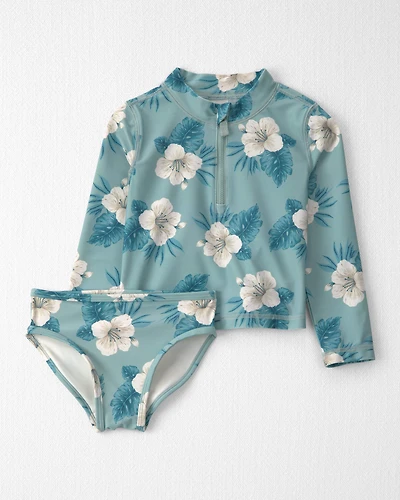 Toddler Girl 2-Piece Recycled Rashguard Swimsuit Set Blue Hibiscus