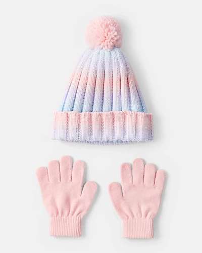Girls Ombre Pom Winter Hat & Gloves Set - Pink