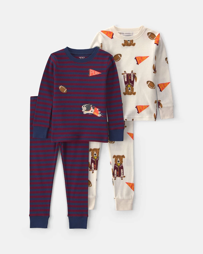 Baby Boy 4-Piece Dog Striped 100% Cotton Snug Fit Pyjama Set - Burgundy/Cream