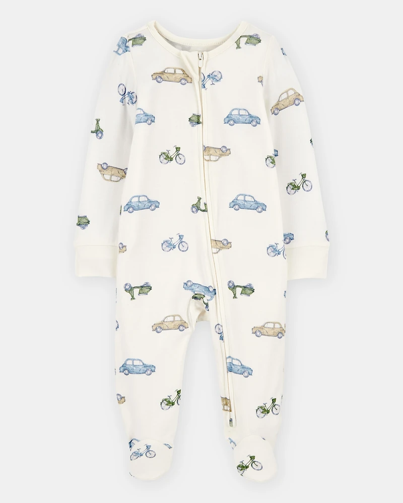 Baby Boy Car Print 2-Way Zip PurelySoft Sleeper Pyjamas - Ivory