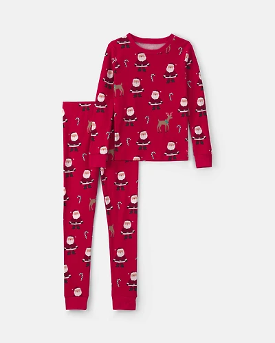 Kids 2-Piece Beige Santa Christmas 100% Cotton Snug Fit Pyjama Set - Red