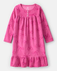 Girls Bow Print Fleece Long-Sleeve Loose Fit Night Gown - Pink