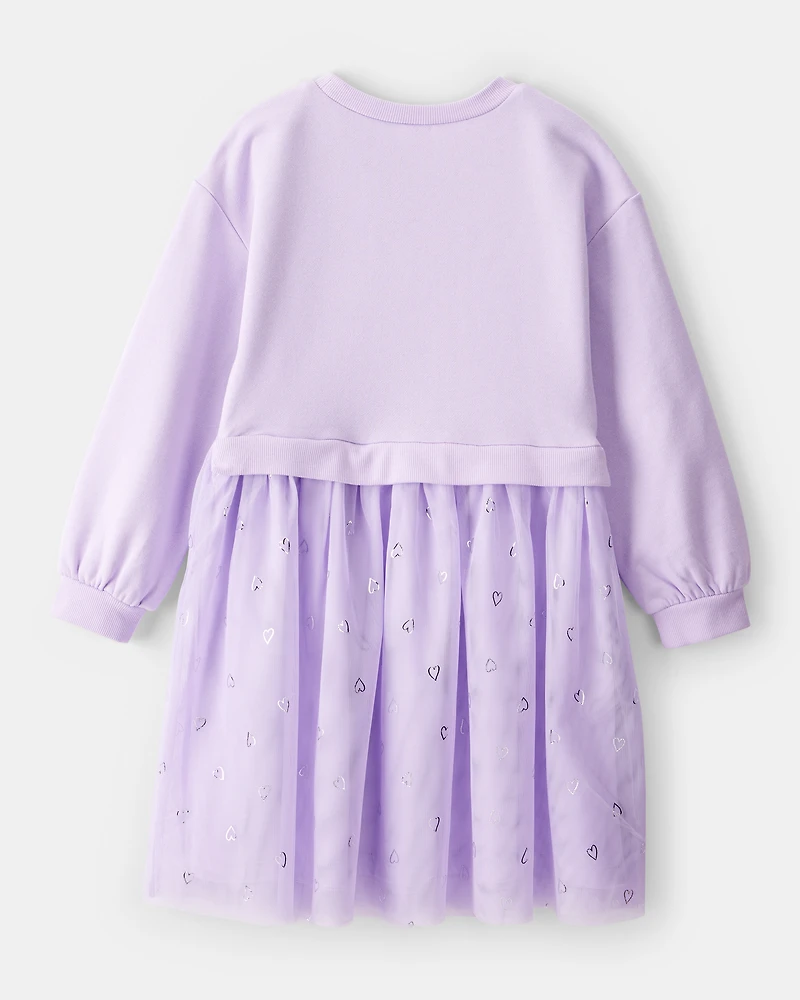 Girls Metallic Heart Long-Sleeve Tulle Dress - Purple