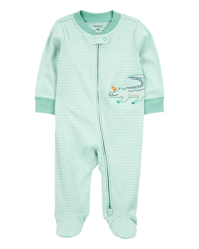 Baby Boy Alligator Striped 2-Way Zip Cotton Sleeper Pyjamas - Green