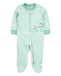 Baby Boy Alligator Striped 2-Way Zip Cotton Sleeper Pyjamas - Green
