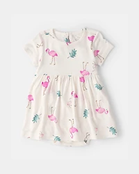 Baby Girl Flamingo PurelySoft Short-Sleeve Bodysuit Dress - Ivory