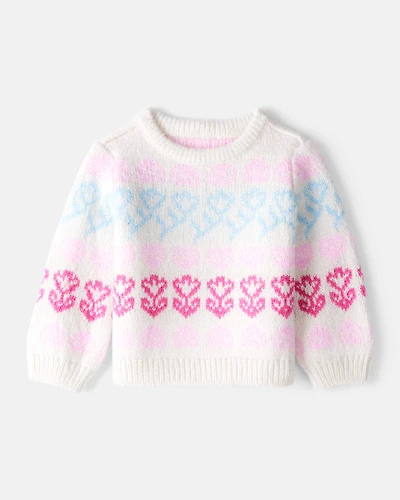 Baby Girl Floral Fairisle Sweater- Pink/White