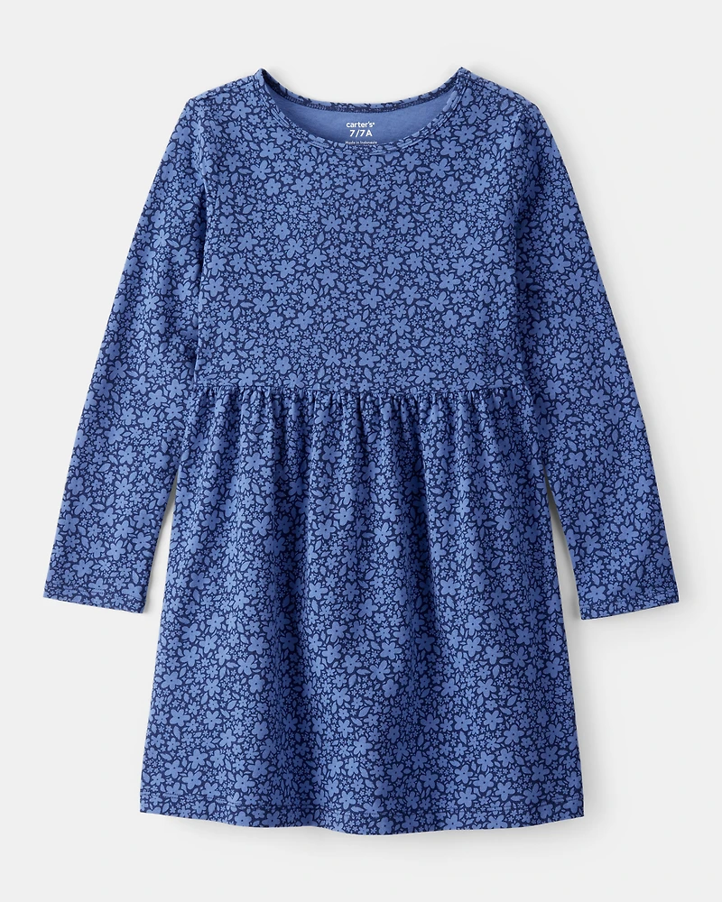 Girls Floral Print Long Sleeve Cotton Dress - Blue