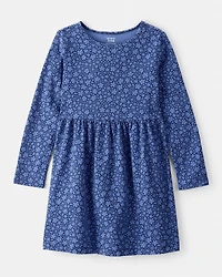 Girls Floral Print Long Sleeve Cotton Dress - Blue