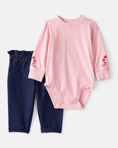 Baby Girl 2-Piece Floral Bodysuit & Pant Set - Pink