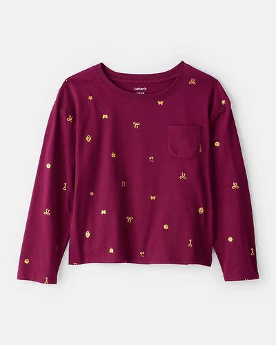 Girls Icon Print Pocket Tee - Maroon