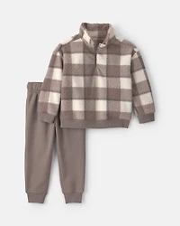 Baby Boy 2-Piece Checkered Fleece Pullover & Pant Set - Grey/White