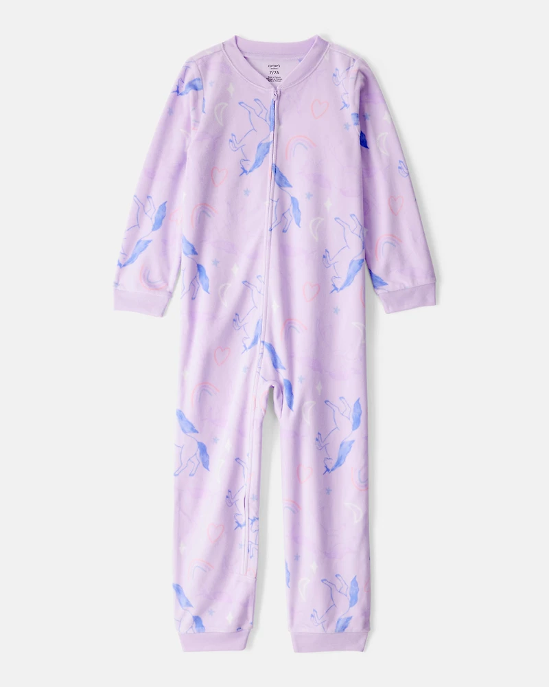 Girls Unicorn Print Loose Fit Long-Sleeve Zip-Up 1-Piece Pyjamas - Purple