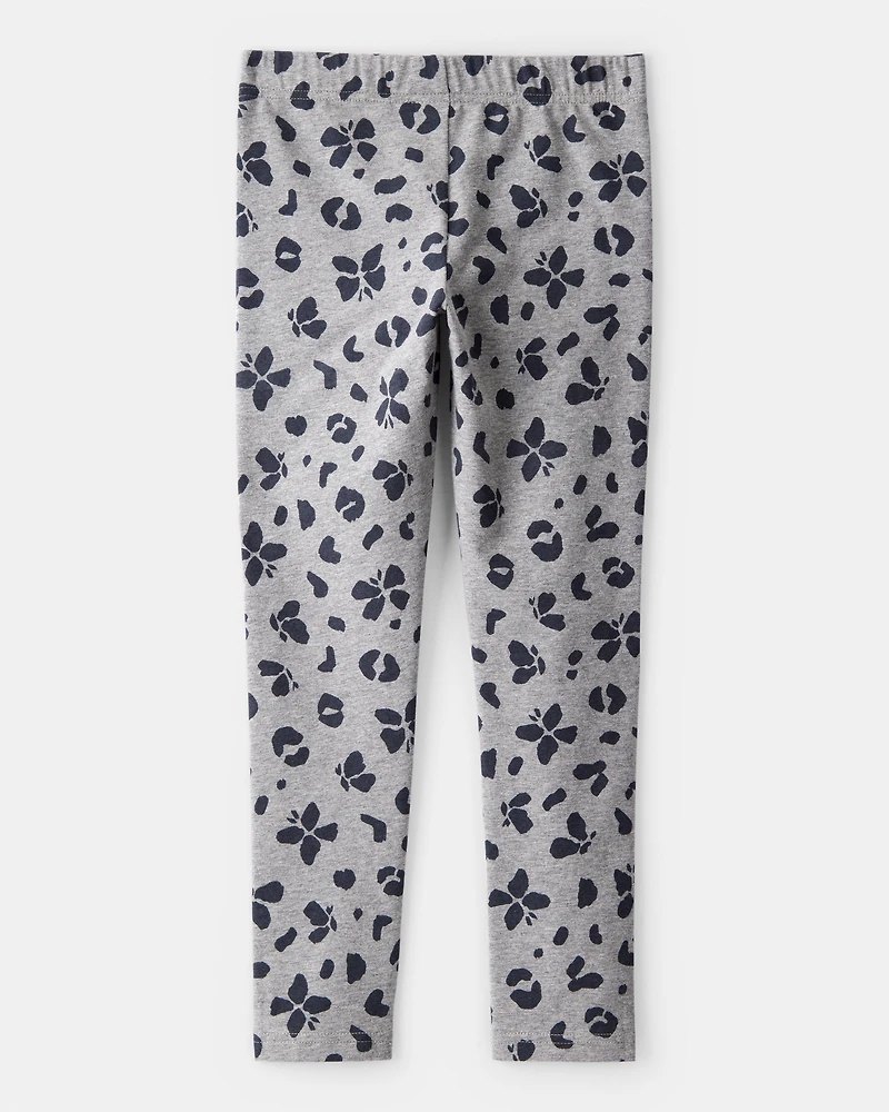 Girls Butterfly Leopard Print Pull-On Stretch Leggings - Grey