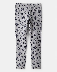 Girls Butterfly Leopard Print Pull-On Stretch Leggings - Grey