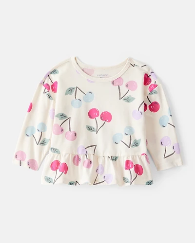 Baby Girl Cherry Long-Sleeve Peplum Top - White