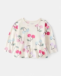 Baby Girl Cherry Long-Sleeve Peplum Top - White