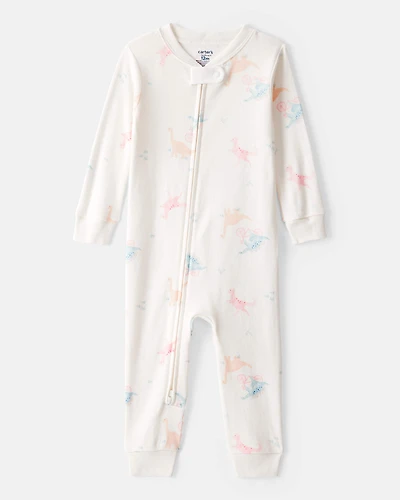 Toddler Girl Dinosaur Print 100% Cotton Long-Sleeve 2-Way Zip 1-Piece Pyjamas - White