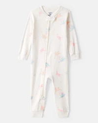 Toddler Girl Dinosaur Print 100% Cotton Long-Sleeve 2-Way Zip 1-Piece Pyjamas - White