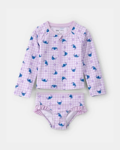 Toddler Girl 2-Piece Disney© Lilo & Stitch Gingham Long-Sleeve Rashguard Swimsuit Set - Purple