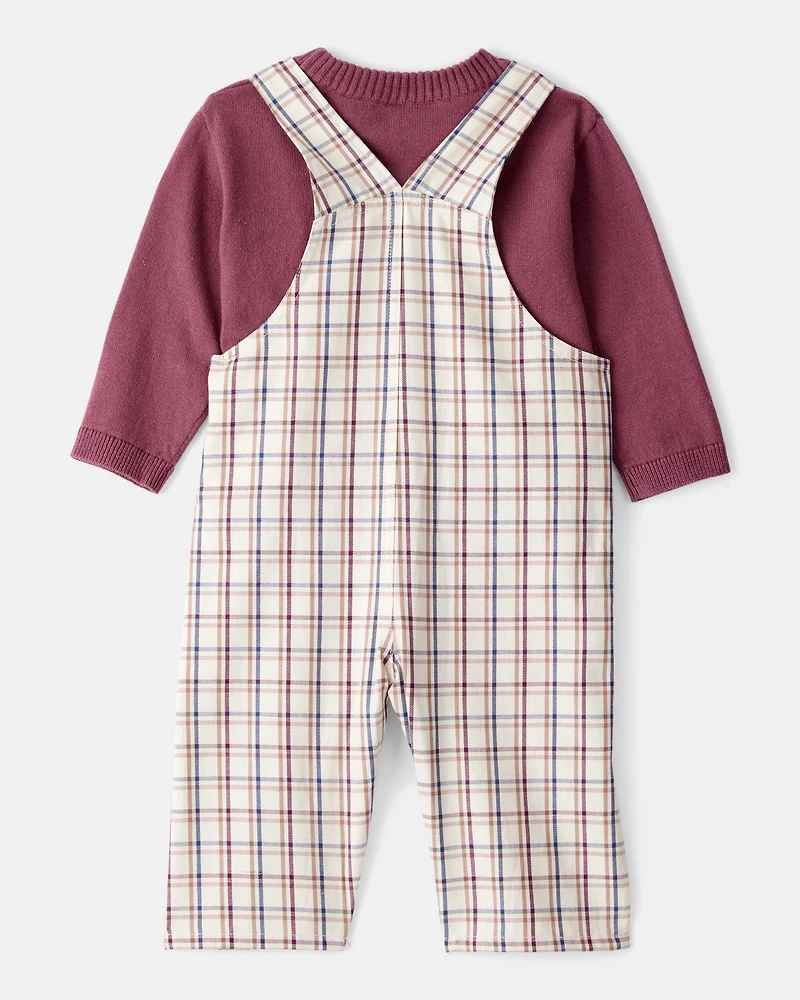 Baby Boy 2-Piece Plaid Overall Set - Maroon/Ivory