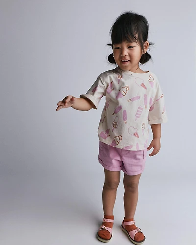 Toddler Girl Rolled Cuff Tee Ice Cream Print - Ivory