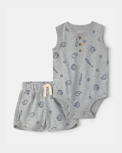 Baby Boy 2-Piece Baseball Sleeveless Bodysuit & Short Set - Grey