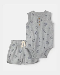 Baby Boy 2-Piece Baseball Sleeveless Bodysuit & Short Set - Grey