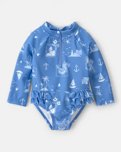 Baby Girl Sailboat Long-Sleeve 1-Piece Rashguard Swimsuit - Blue