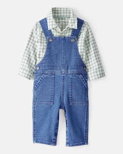 Baby Boy Checkered Print Bodysuit Overall Set - Blue