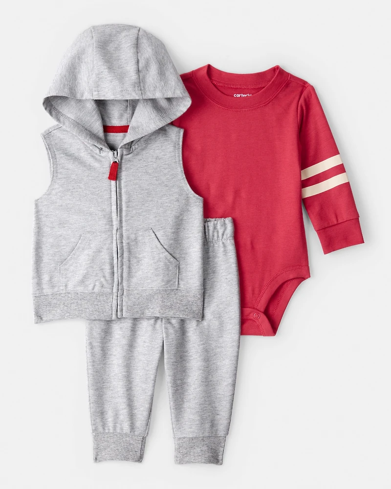 Baby Boy 3-Piece Varsity Vest Outfit Set - Red/Grey