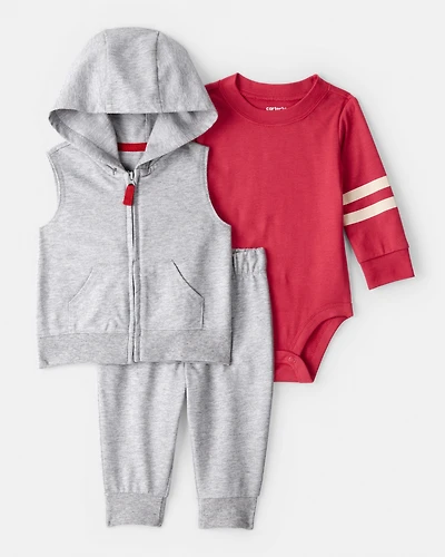 Baby Boy 3-Piece Varsity Vest Outfit Set - Red/Grey